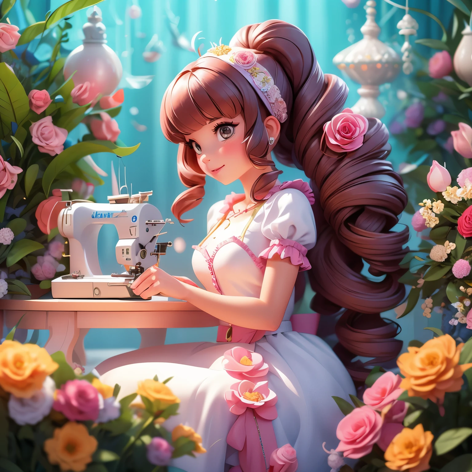 Detailed digital art of princess sewing with sewing machine, de perfil, cabelo ondulado castanho, em volta de flores rosas e brancas, dynamic composition