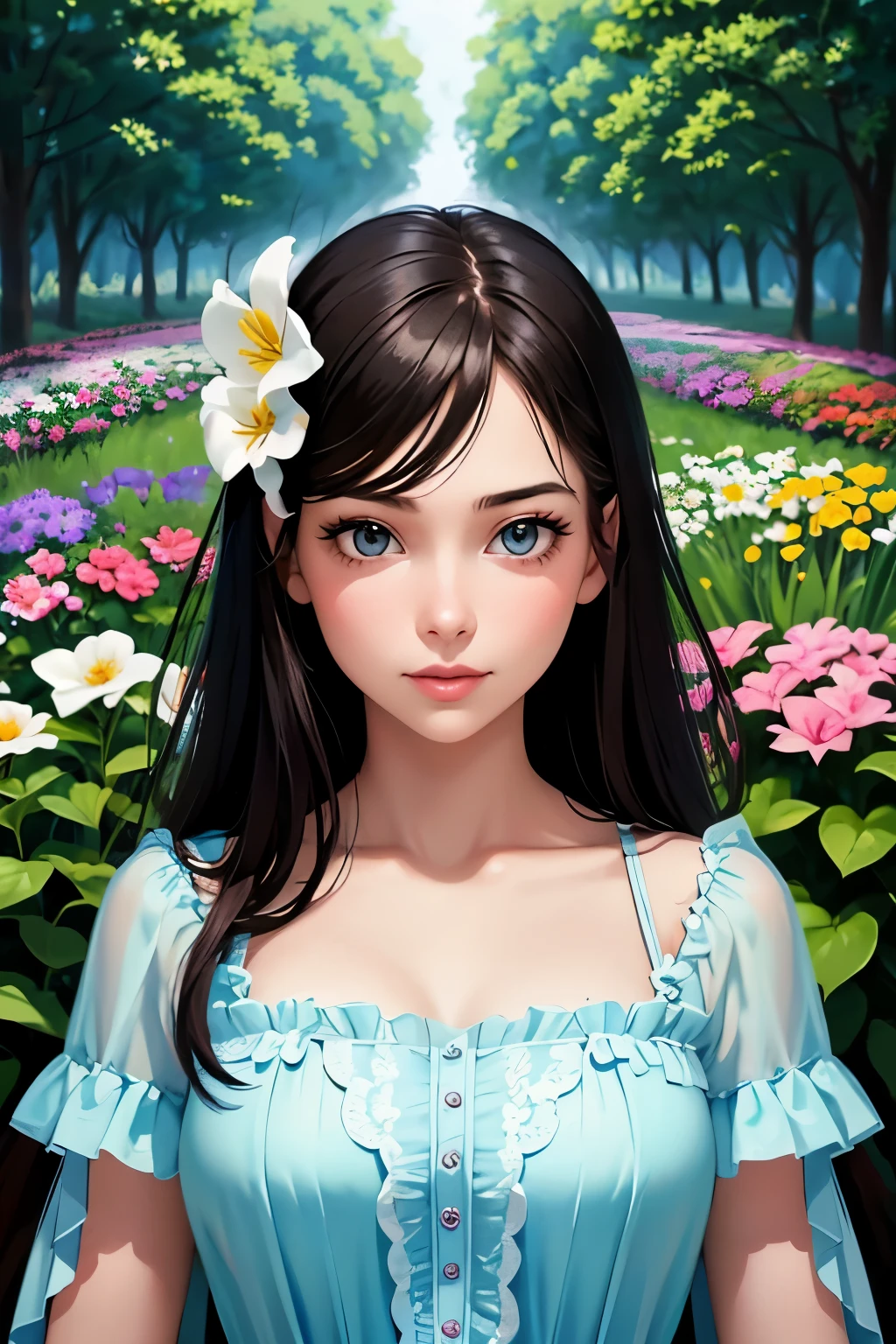 ultra-detailed, realistic, detailed portrait of a girl with beautiful eyes and lips, in a garden, surrounded by colorful flowers. The girl is wearing a flowing dress and her face is lit by soft sunlight. The painting should have vibrant colors and a realistic rendering that highlights the fine details of the girl's features and the botanical elements in the garden. The overall tone of the image should be warm and inviting, with a focus on capturing the tranquility and beauty of the scene.