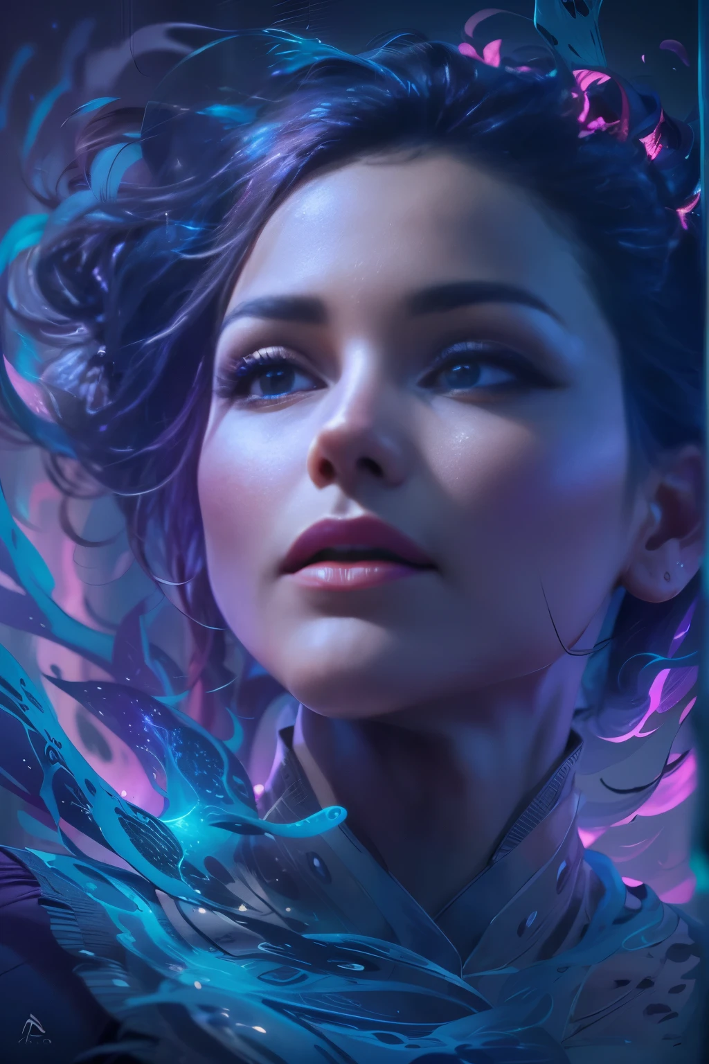 A stunning woman surrounded by a swirling nanodusty plasma in electric blue and vibrant purple, vibrant colors, surreal and mysterious, hyperrealistic, modern art, digital painting, trending in Artstation, cinematic lighting, and dynamic composition.
