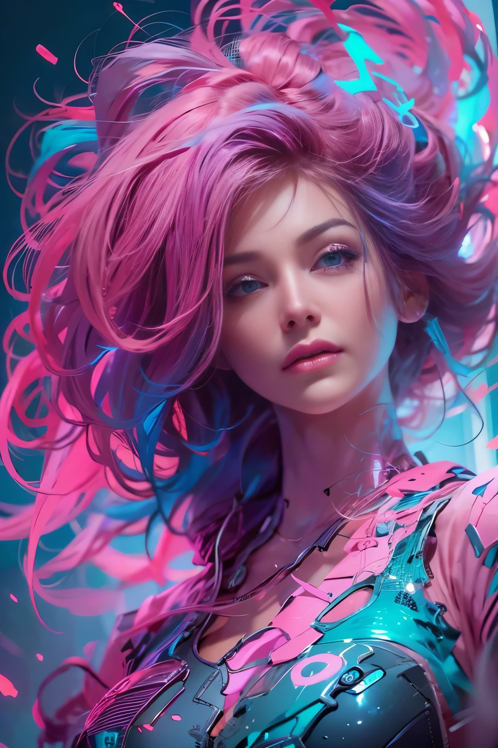 Um retrato de uma mulher lindamente deslumbrante, pele clara, cabelo rosa, cercado por um plasma nanopoeira rodopiante em azul elétrico e roxo vibrante, cores vibrantes, pintura digital, Tendências no ArtStation, iluminação cinematográfica, e composição dinâmica.