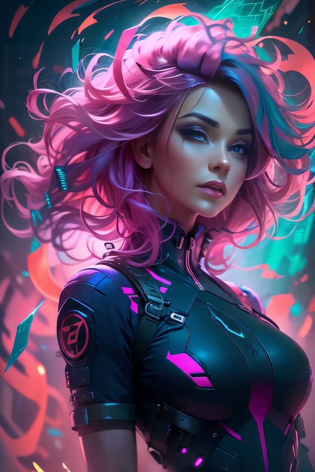 A portrait of beautifully stunning woman, fair skin, pink hair, surrounded by a swirling nanodusty plasma in electric blue and vibrant purple, vibrant colors, digital painting, trending in Artstation, cinematic lighting, and dynamic composition.