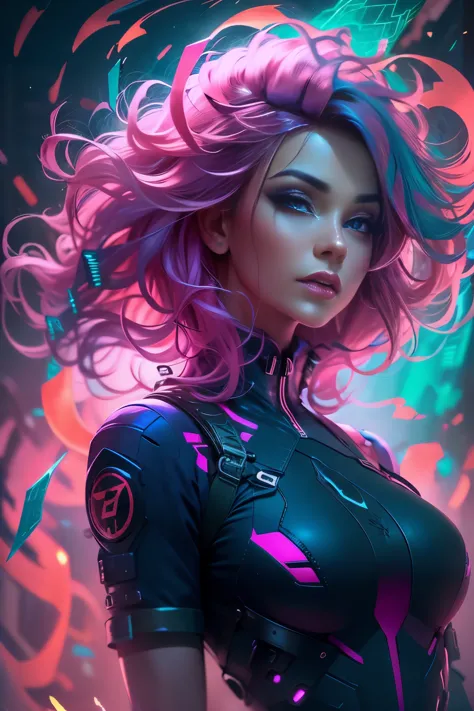 A portrait of beautifully stunning woman, fair skin, pink hair, surrounded by a swirling nanodusty plasma in electric blue and v...