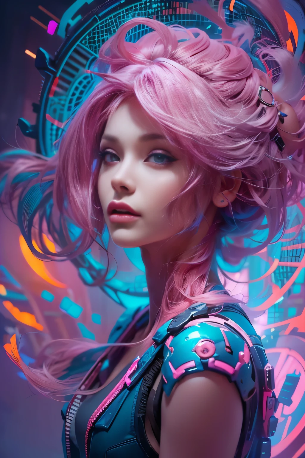 美丽迷人的女人肖像, 白皙的皮肤, 粉红色头发, 周围环绕着旋转的纳米尘埃等离子体，呈现出电蓝色和鲜艳的紫色, 鲜艳的色彩, 数字绘画, artstation 上的热门内容, 电影灯光, 和动态构图.