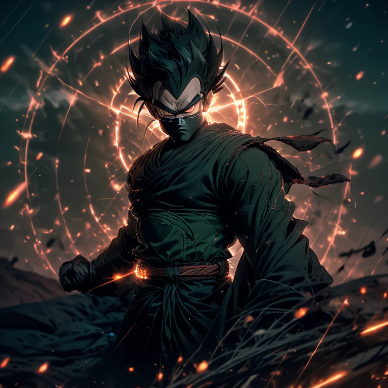 Vegeta, once a proud Saiyan warrior, now wanders the land as a Ronin Samurai. Draped in a tattered, dark green kimono, his sharp features are hidden beneath a traditional samurai mask. With his long, spiky green hair tied back, he cuts an imposing figure. His piercing green eyes, now filled with a sense of longing and determination, scan the horizon. Clasping a sharp, curved sword in his hand, Vegeta embarks on a new journey, seeking redemption and purpose in this peaceful, yet unforgiving world.