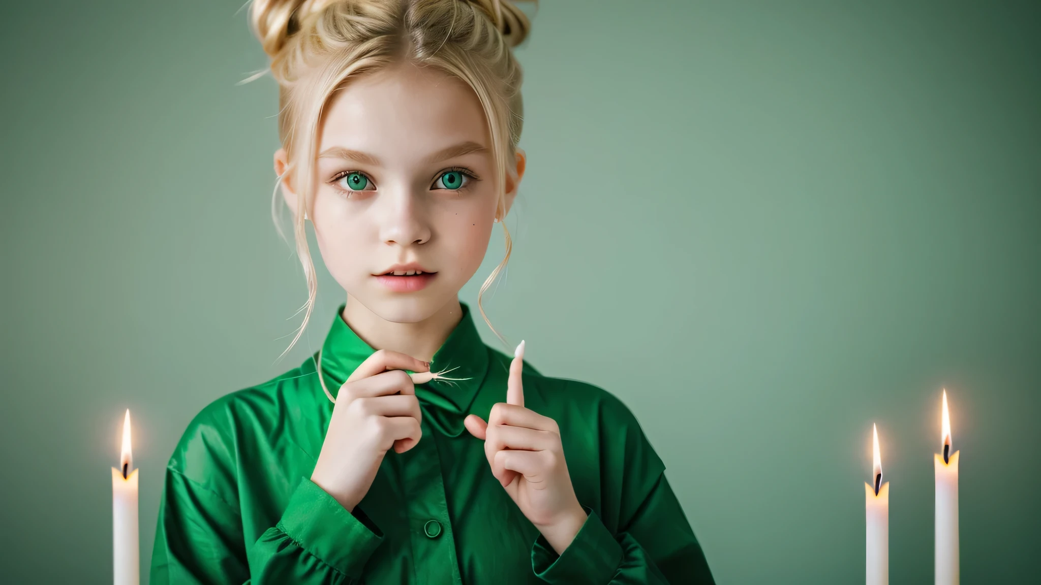 KIDS GIRL vampire blonde HAIR BUN green clothes. and candles, green light candles., GREEN BACKGROUND banished of sin