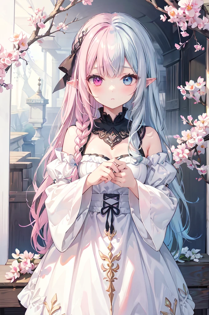 {best quality}, {{masterpiece}}, {highres}, (hlfcol haired girl with silver and pink hair), {{{heterochromia}}}, {{pink eye left}}, {{blue eye right}}, {{depth of field}}, extremely detailed girl, illustration, solo, sharp focus, {{{character{{{1 girl}}}}}}, solo, light smile, closed mouth, {{{long pointy ears}}}, {{fae girl}}, beautiful detailed eyes, {{{{{looking at viewer}}}}},{{{{{sharp focus}}}}}, {{{{{masterpiece illustration}}}}},full body, normal angle, shiny hair, fluffy hair, very long hair, {{{permed hair}}}, blue streaks in hair, braided bangs, {{{{{sleepy}}}}}, {{detached sleeves}}, {{oversized sleeves}}, {{sleeves past hands}}, backless outfit, long dress, white lace trimmed legwear, detached collar, final fantasy xiv, {{{{{{in spring}}}}}},cherry blosssom, {{character focus}}, {{pov}}, {natural lighting}, {blooming light}