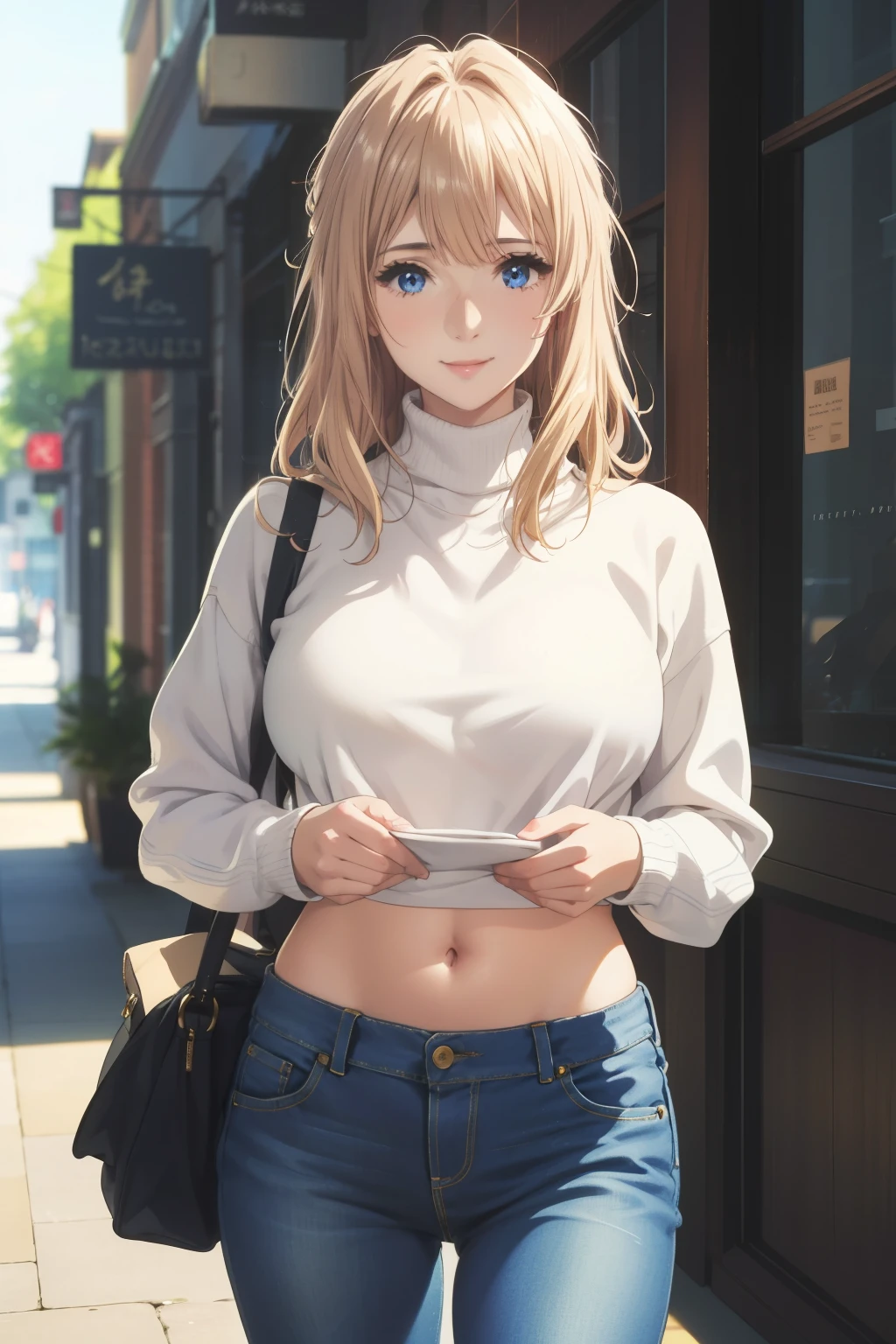 (1girl,masterpiece, highest quality, highest quality,beautiful and aesthetic:1.2,professional illustration:1.1,ultra detail:1.3, official art, professional illustration, Super detailed depiction, Super precise depiction, Highly detailed 8K illustrations, High resolution,perfect anatomy, perfect face, perfect hands、smile、big breasts )、blonde、mature woman、white cropped sweater, belly button, sweater blur background、jeans