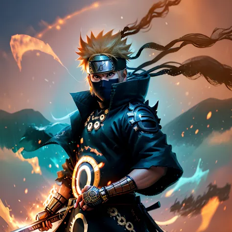 a captivating close-up portrait of uzumaki naruto, transformed into a ronin samurai, with unkempt sun-kissed hair, stern express...