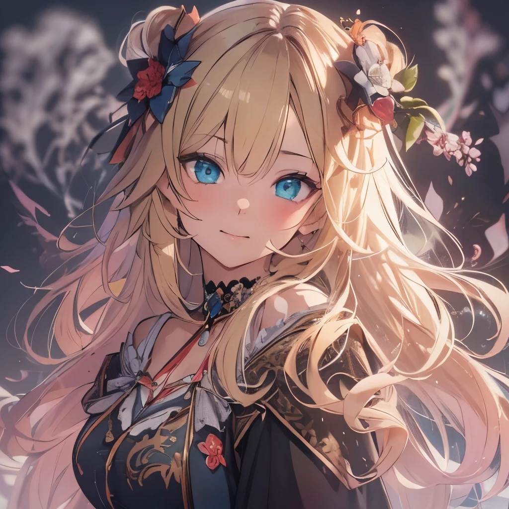 (masterpiece), 8k cg, stunningly beautiful girl, intricate details, chromatic aberration, ((bust shot)), ((looking at viewer)), 1girl, Akai Haato, (long wavy hair, (blonde hair)),extremely beautiful and delicate portrait, 16 years old, cute face, wide smile, joyful, soft cheeks, blush, makeup, absurdres, cinematic lighting, dynamic lighting, fantasy, ((dark background, fog))