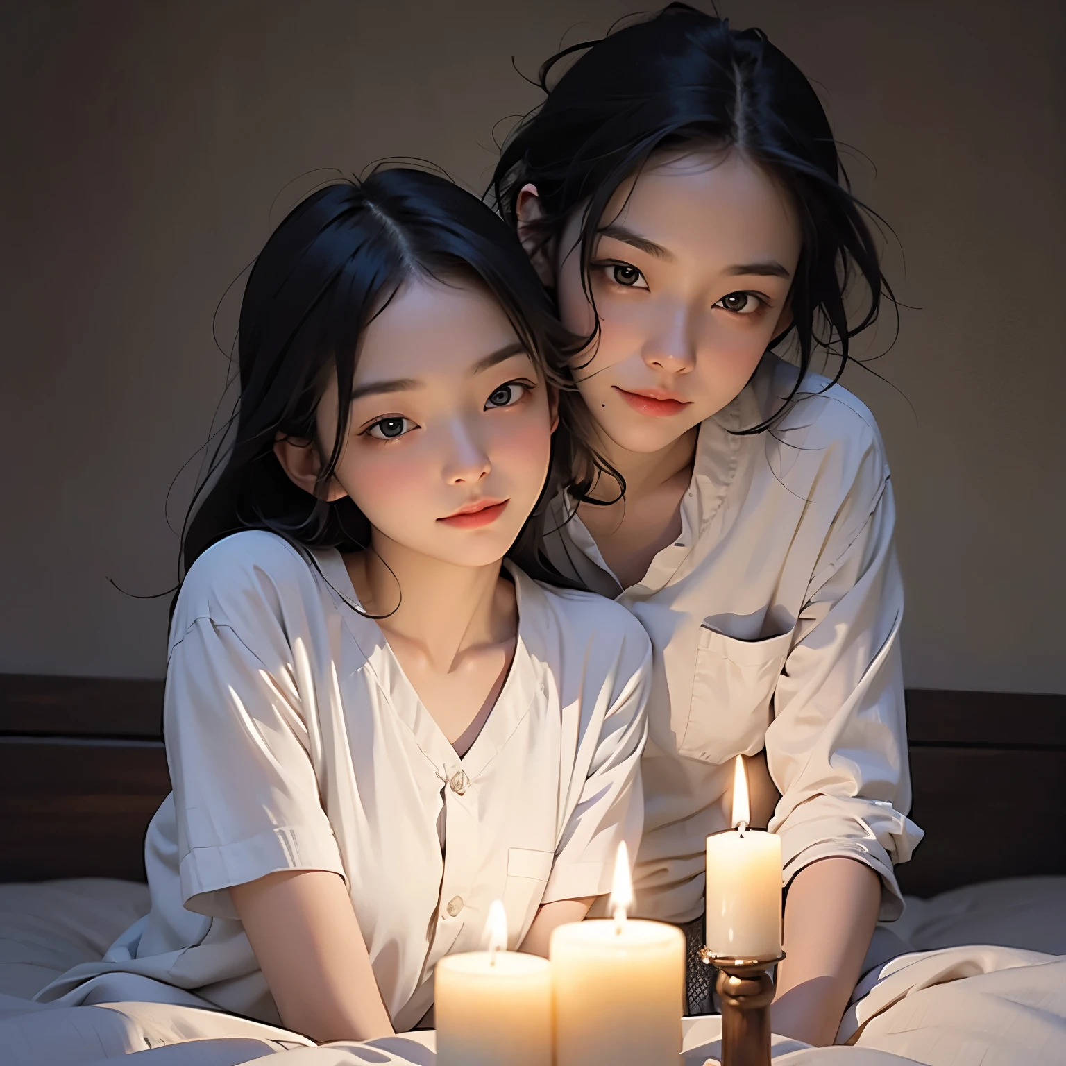 Two asian women sitting on a bed with candles in front of them - SeaArt AI