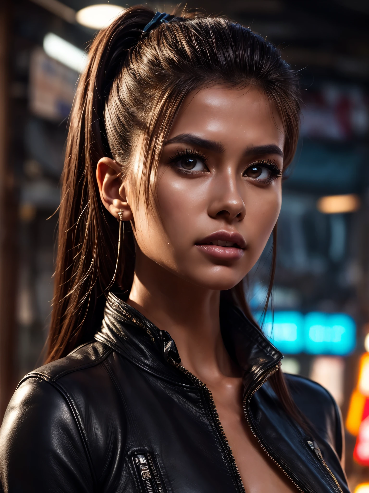 Image du milieu du corps super détaillée de Cristy Ren, regard féroce, veste de cuir, debout sur un marché turc, maquillage parfait, détourner le regard de la caméra, canon 6j, rendu d&#39;octane, frappant, regard expressif, look séduisant, regard déterminé, eye-liner fort, des yeux fascinants, élégant, gracieux, beauté naturelle, magnétique, charismatique, polyvalent, photogénique, rétroéclairé