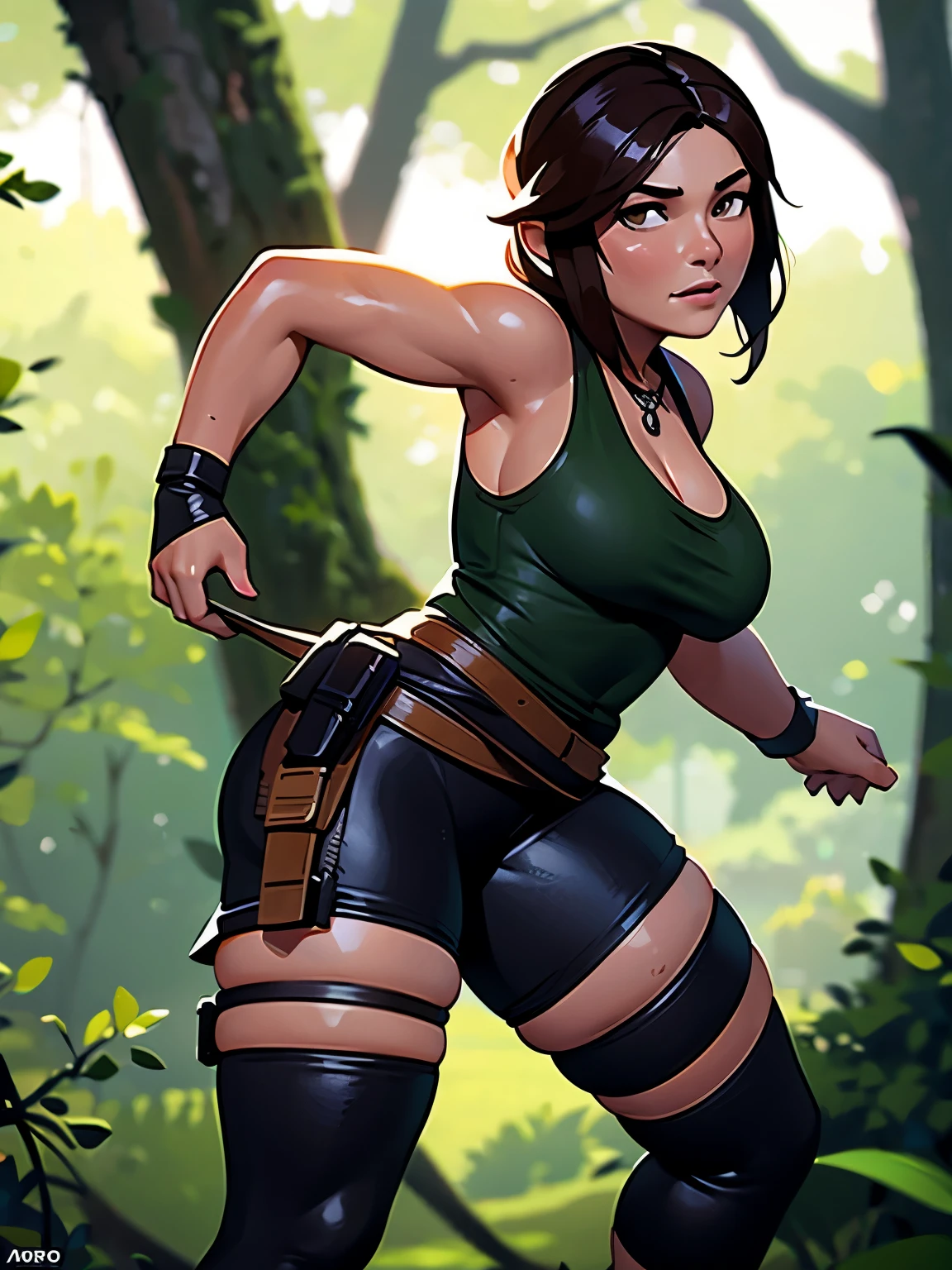 Nsfw, Lara Croft, rise of The tomb raider, (master part, 4k resolution, Ultra-realistic, highy detailed), perfectbody, anatomical correct, detailed skin texture, face perfect, realistic hair, correct eyes, detailed back ground, greasy skin, expression of pleasure, standing
