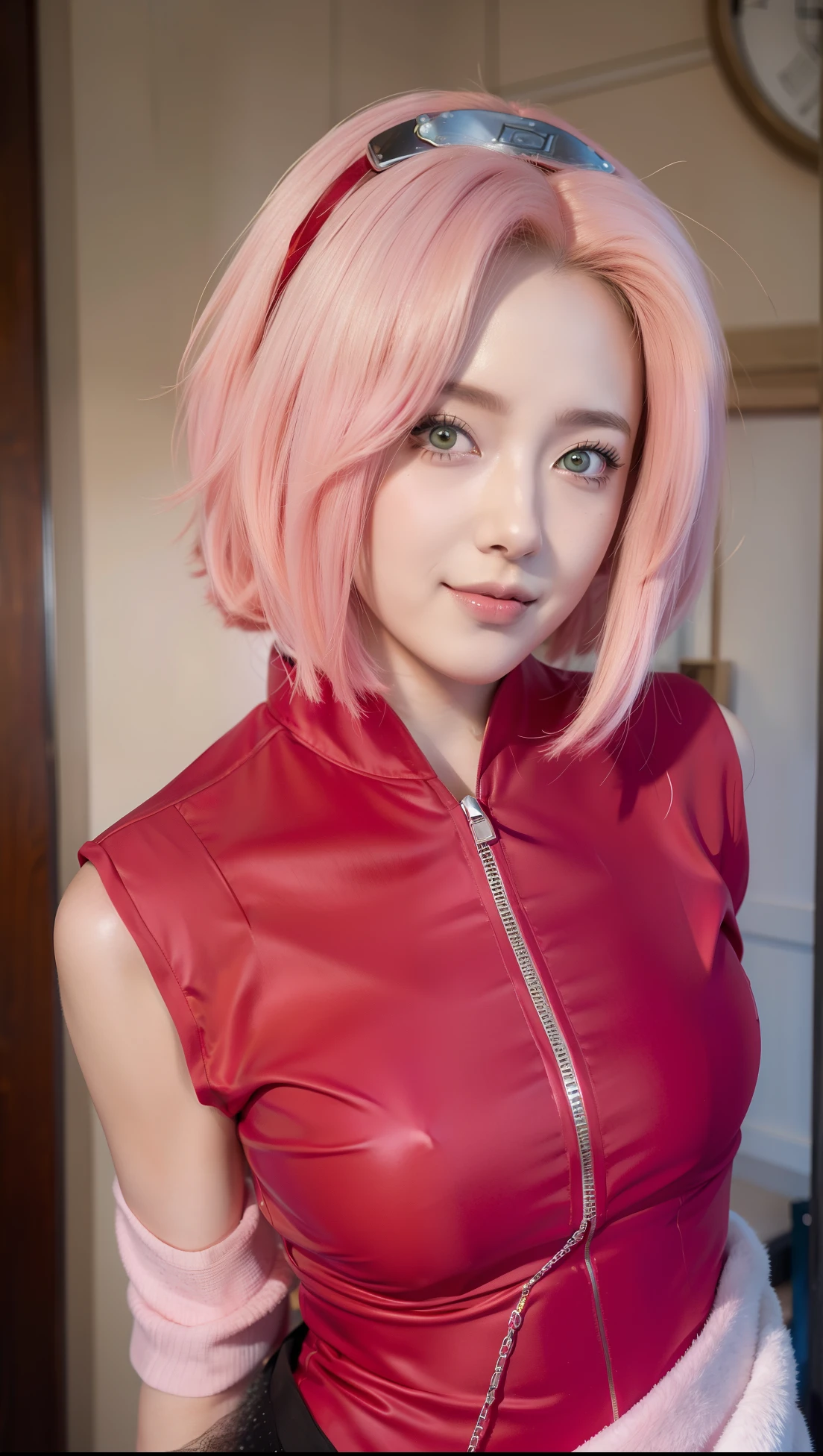 (masterpiece), (best quality), 8k resolution, 1girl, Haruno sakura ,in anime (Naruto) , realistic ,Higt photos HDR ,beautiful girl, stunning beauty, mature female, 30yo, perfect body, nightgown, belly waist chain, smile, indoor, pink short hair