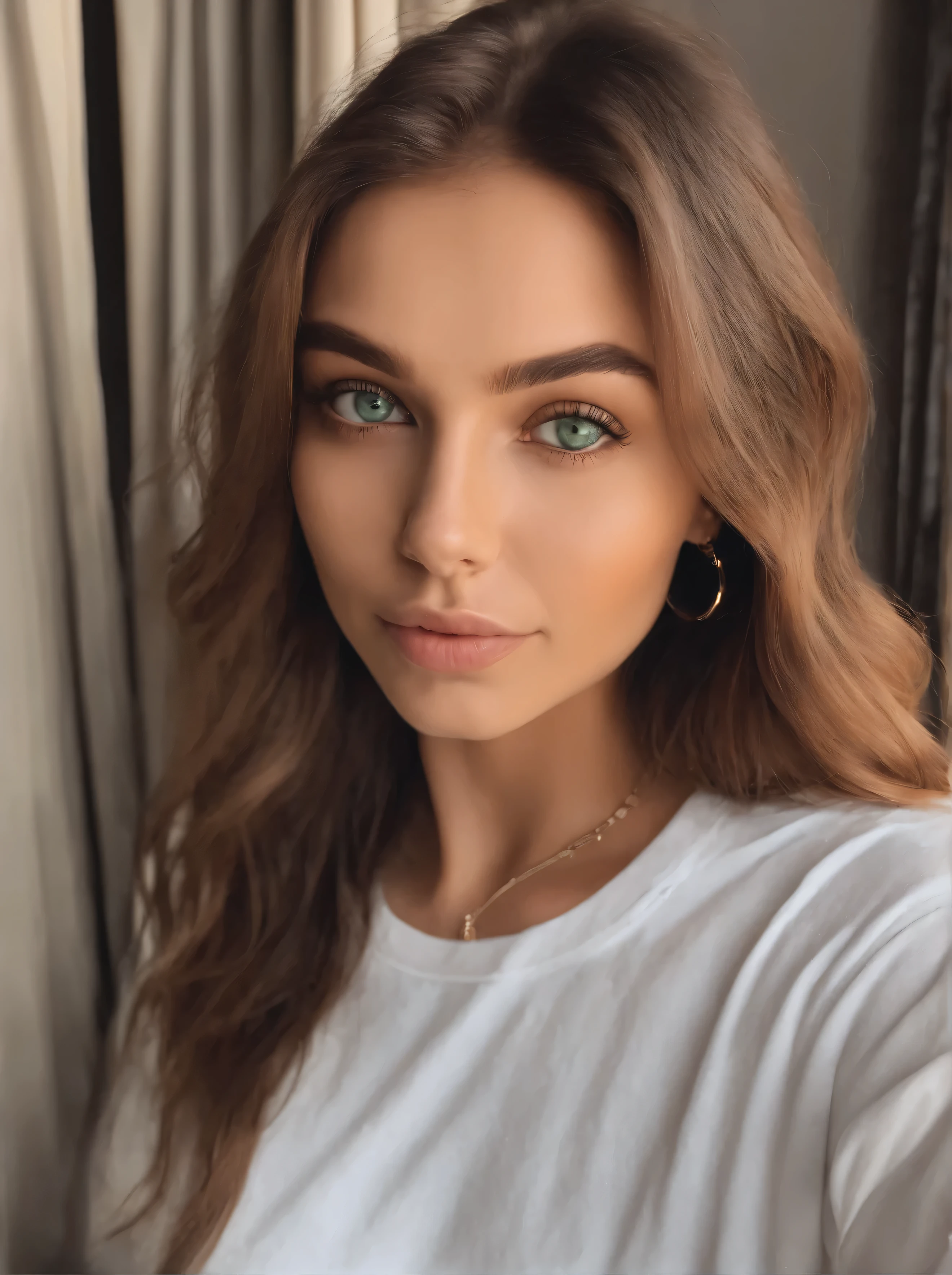 A woman with long hair and green eyes taking a selfie - SeaArt AI