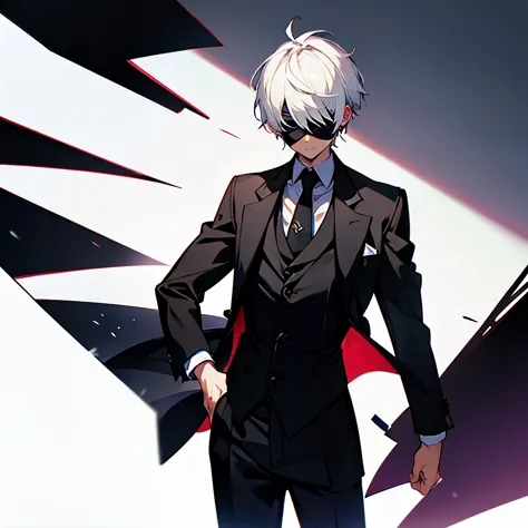 a boy, white hair, short hair, blindfold, black suit