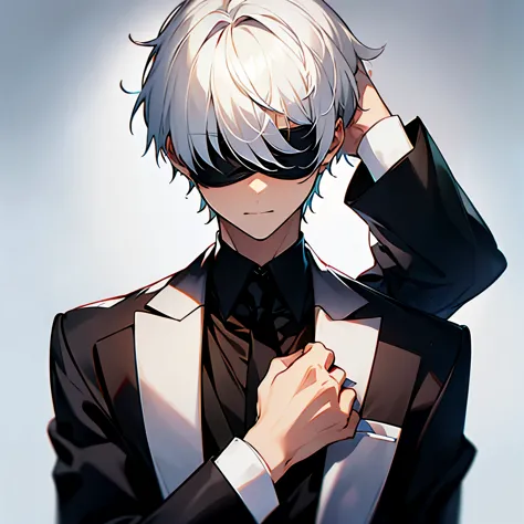 a boy, white hair, short hair, blindfold, black suit