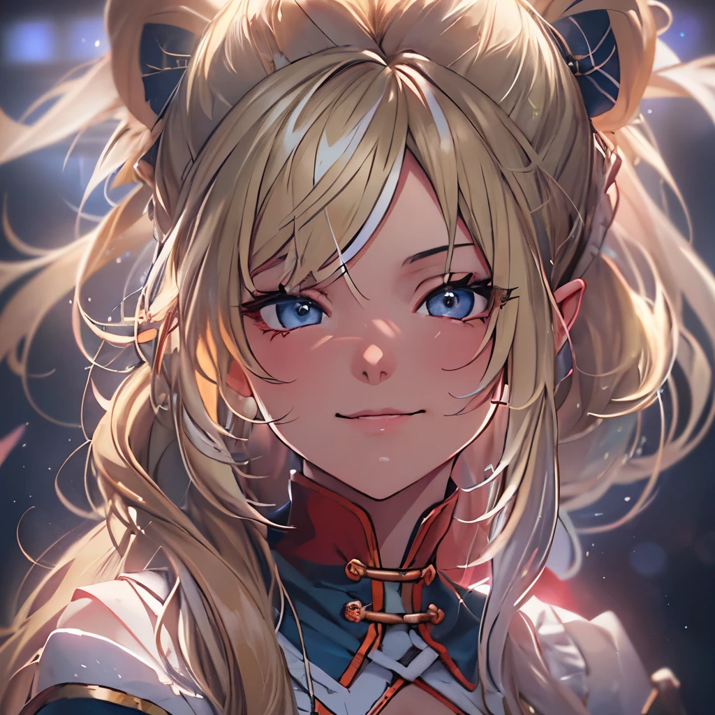 (masterpiece), 8k cg, stunningly beautiful girl, intricate details, chromatic aberration, ((bust shot)), ((looking at viewer)), 1girl, Shiranui Flare, (long Ponytail, (blonde hair)),extremely beautiful and delicate portrait, cute face, wide smile, joyful, soft cheeks, blush, makeup, absurdres, cinematic lighting, dynamic lighting, fantasy, ((dark background, fog))