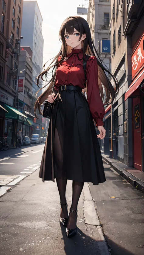 ((masterpiece, high resolution, best quality, best details, anime)), a woman standing on the street, dressed in a long skirt, le...