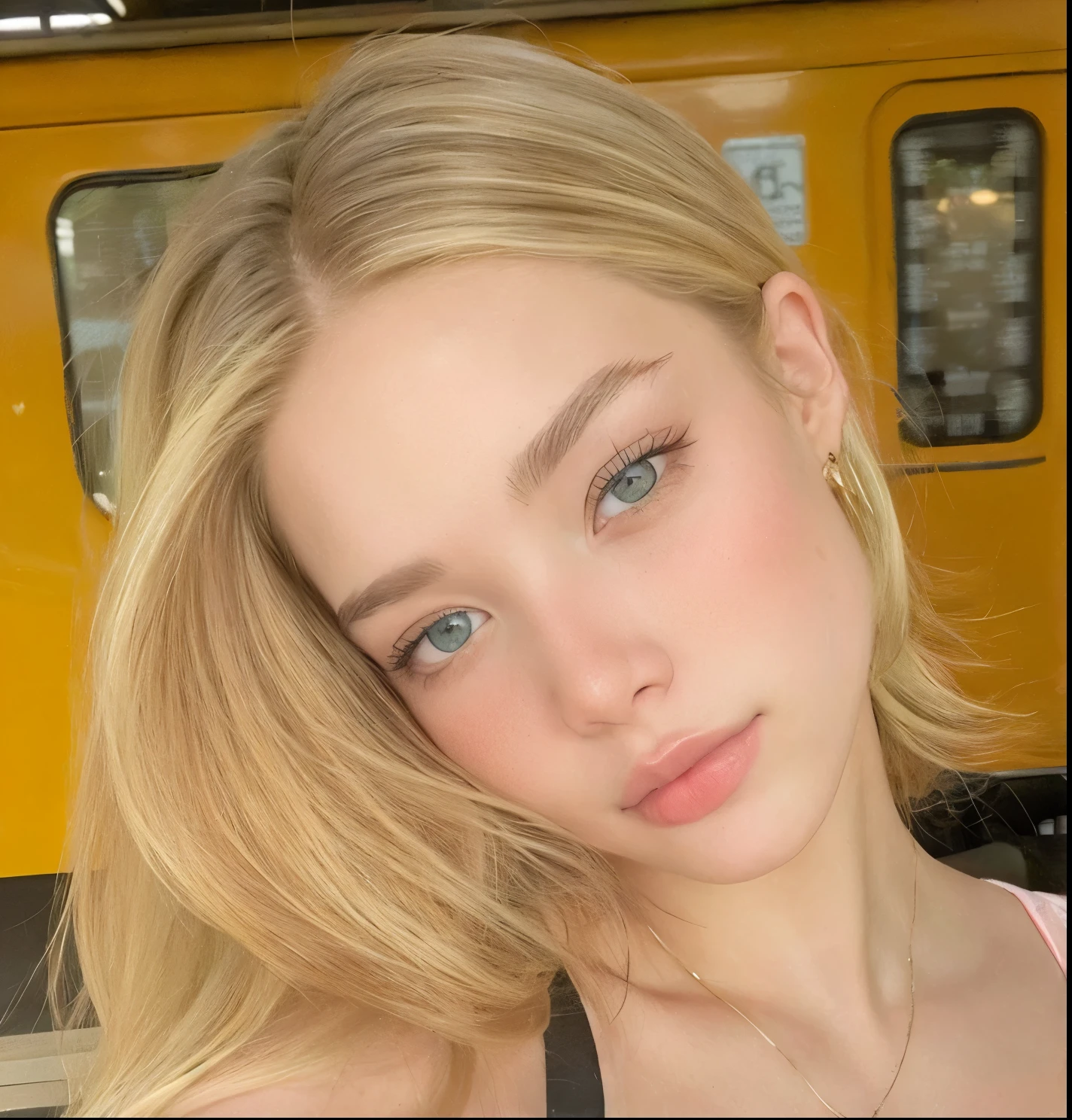 Blond woman with blue eyes posing in front of a yellow train - SeaArt AI