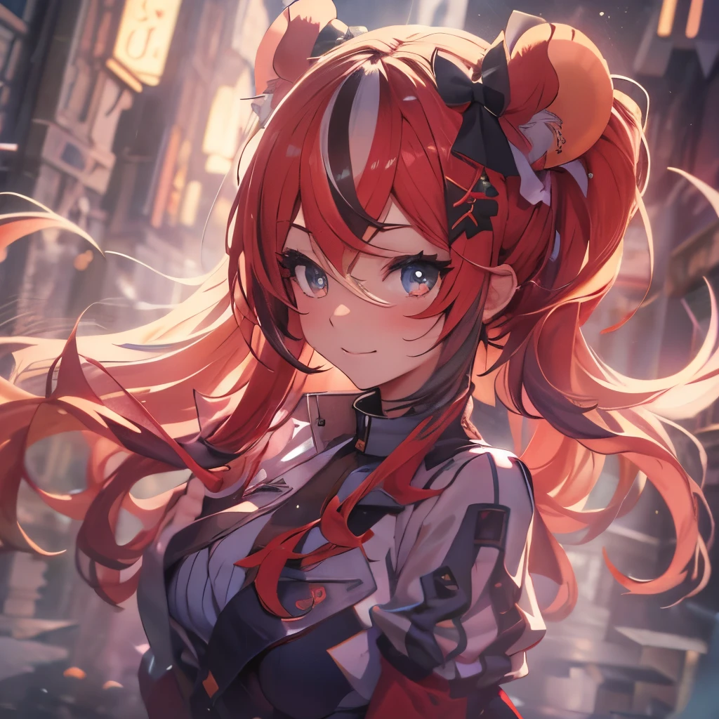 (masterpiece), 8k cg, stunningly beautiful girl, intricate details, chromatic aberration, ((bust shot)), ((looking at viewer)), 1girl, Hakos Baelz, (long Twin Tails, (Red hair)Streaked Hair, Red Mouse Ears), Dynamic, extremely beautiful and delicate portrait, cute face, wide smile, joyful, soft cheeks, blush, makeup, absurdres, cinematic lighting, dynamic lighting, fantasy, ((dark background, fog))