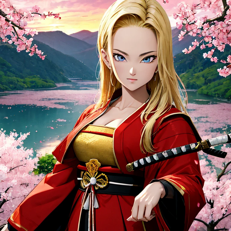 masterpiece, top quality, 4K UHD,
standing,
Android 18 in Ronin Samurai outfit, huge breasts,
backdrop, cherry blossom trees, sunset,
samurai sword, traditional armor, serious expression.