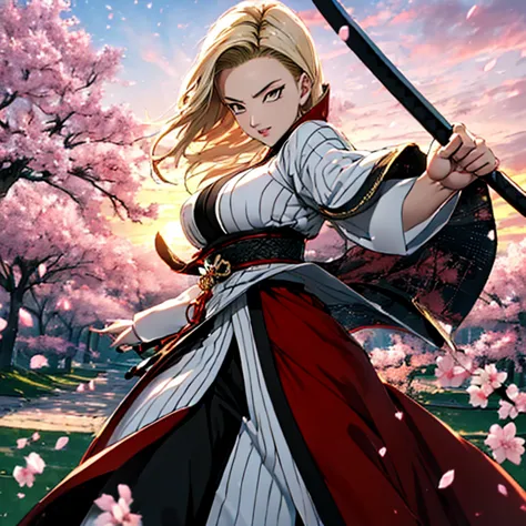 masterpiece, top quality, 4k uhd,
standing,
android 18 in ronin samurai outfit, huge breasts,
backdrop, cherry blossom trees, su...