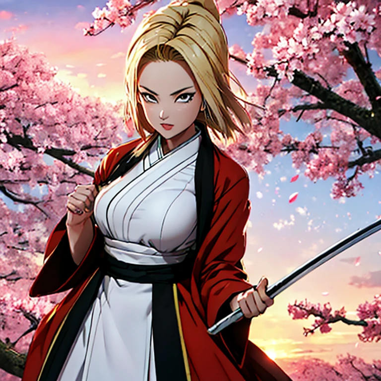 masterpiece, top quality, 4K UHD,
standing,
Android 18 in Ronin Samurai outfit, huge breasts,
backdrop, cherry blossom trees, sunset,
samurai sword, traditional armor, serious expression.