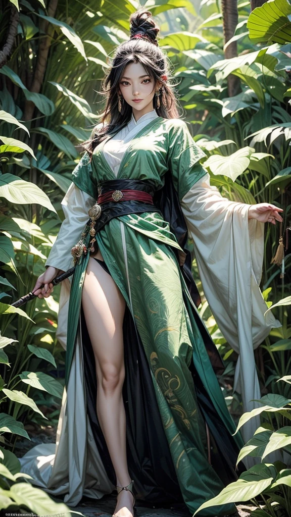 ((full body illustration)), high definition|quality|contrast. Fantasy art. an woman warrior holding a staff, ((attack pose)), looking at the viewer, Eastern traditional combat costume in shades of green, tattoo on her leg, (swirl of leaves around her:1.5), wind. her body emanates an energy of peace and strength that emits white and green colors of peace and strength.This energy that radiates around her protects her against an evil spirit. soft ambient light, fantasy dream background.