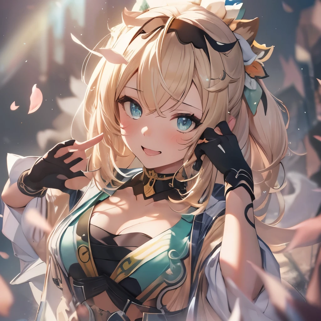 (masterpiece), 8k cg, stunningly beautiful girl, intricate details, chromatic aberration, ((bust shot)), ((looking at viewer)), 1girl, Kazama Iroha, (IrohaBase, blonde hair, hair ornament, hairband, sarashi, haori, covered navel, black gloves, pleated skirt, green skirt, white thighhighs, cleavage), Dynamic, extremely beautiful and delicate portrait, cute face, wide smile, joyful, soft cheeks, blush, makeup, absurdres, cinematic lighting, dynamic lighting, fantasy, ((dark background, fog))