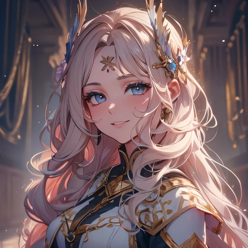 (masterpiece), 8k cg, stunningly beautiful girl, intricate details, chromatic aberration, ((bust shot)), ((looking at viewer)), 1girl, Enna Alouette, (long hair, (Pale hair)), Dynamic, extremely beautiful and delicate portrait, cute face, wide smile, joyful, soft cheeks, blush, makeup, absurdres, cinematic lighting, dynamic lighting, fantasy, ((dark background, fog))