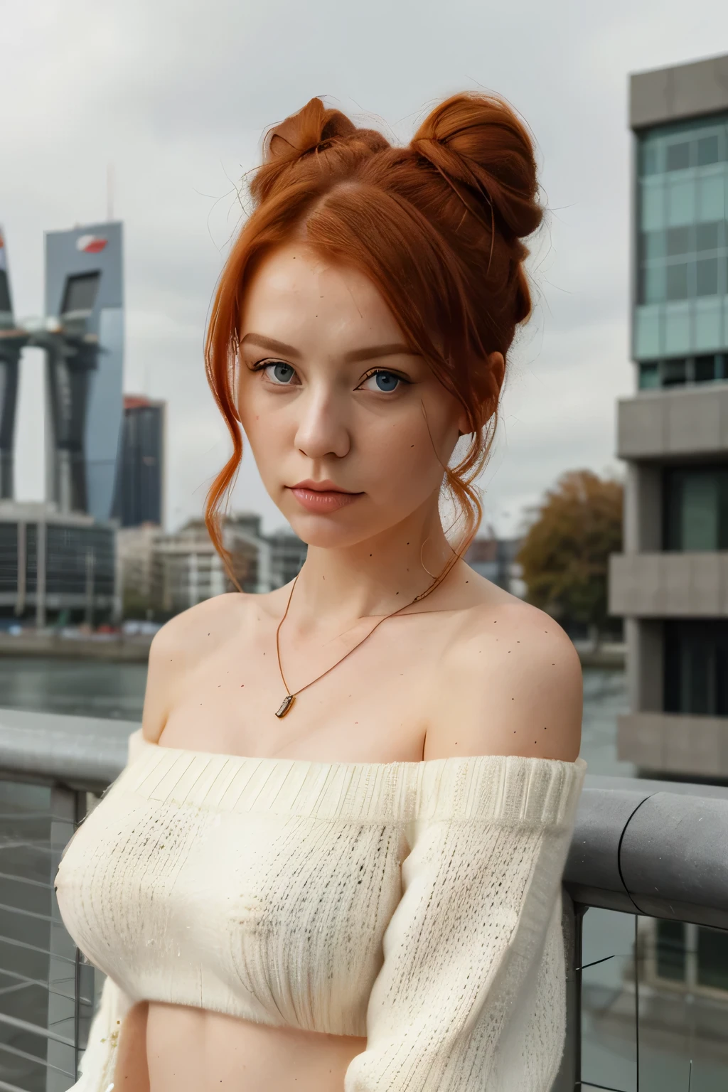 an eye contact of a redhead with ((2 buns hair)), blue eyes, ((Joana Gate)) 23 years old, flirting with camera, necklace, off Shoulder, colorful sweater, topless, futuristic city, futuristic clothes
