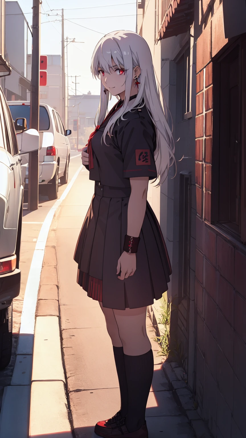 sukeban illyasviel_von_einzbern, mature_female, silver hair, holding yoyo, combat pose, full body, flowing hair, hair between the eyes, asymmetrical hair, red eyes, delicate facial features, sukeban deka clothe, looking_at_viewer, outdoors, background tokyo, ((solo girl:1,5))+++++,woman in a 80's sukeban seifuku standing on a set of strees, black , 80's japanese sukeban photo, sukeban seifuku,  80's japan, sukeban, long black skirt, red converse, full body, light skin tone female, full body, tape, arm_support, gloves, red_gloves, bridal gauntlets, blackred_footwear, fighter outfit, full body, hourglass, mature face, cheeky smile, cheeky face, wrinkles,( silver long hair, earrings, ear piercings), realistic, (fighting art, Martial arts, standing, fighting_stance, fight, fighting), extra colors, 2D, megapixel, perfectionism, accent lighting, full HD , 4K, masterpiece, empty red eyes