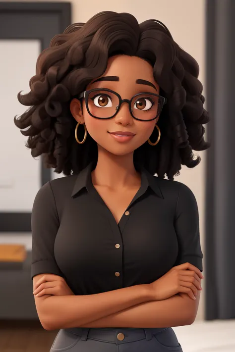 A black woman with black curly hair wearing glasses dark brown eyes 