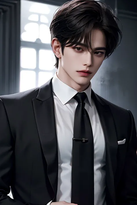 nightclub，bar setting，man, handsome, korean bad boy, inside the bar，（blacksuit），sharp look（white color blouse,）， （black necktie）...