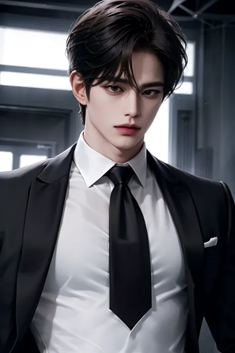 nightclub，bar setting，man, handsome, korean bad boy, inside the bar，（blacksuit），sharp look（white color blouse,）， （black necktie）...