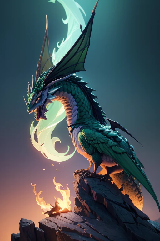 Dragón con alas en lo alto de un acantilado., color verde, fuego ...