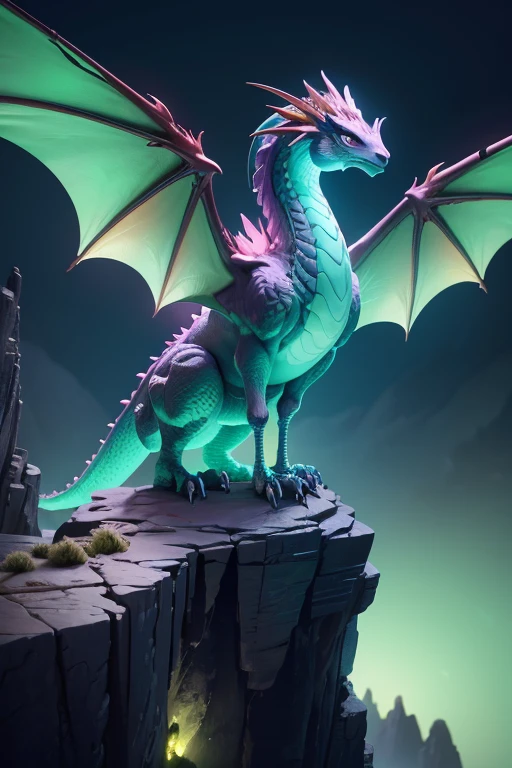 Dragon with wings on top of a cliff, color verde, fuego, llamas - SeaArt AI