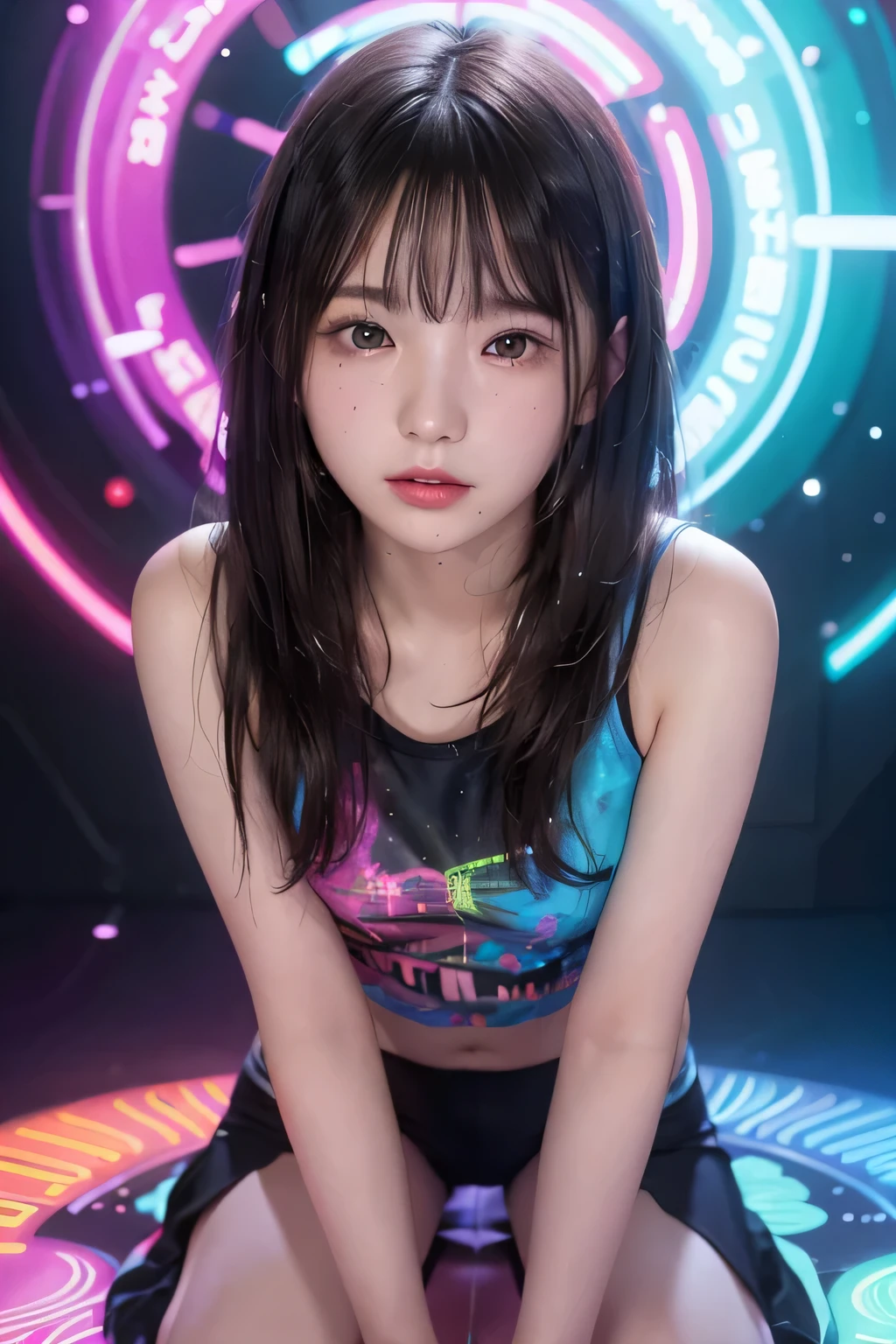 (Close-up of a headshot), portrait, portrait, (alone), masterpiece, highest quality, High contrast in clothes, psychedelic, [[[nffsw]]], particle, bloom, neon lighting, (shine), flat color, splash of color、colors mashing、With a round face、slim、flat body、cute、((leaning forward))、Sensual Pose