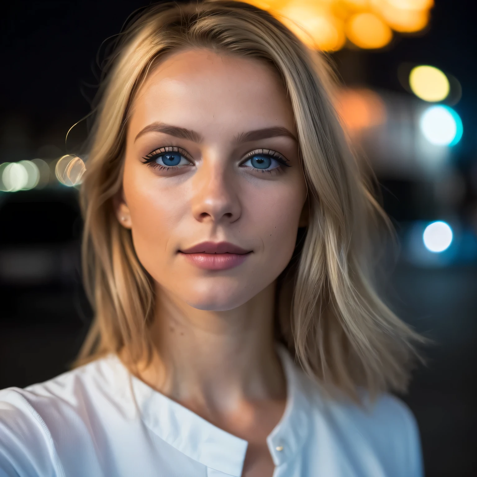 Blond woman with blue eyes and blue eyes standing in front of a city at ...