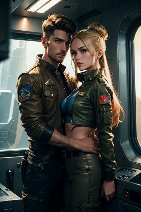 hyper realistic photography of female beautiful brunette space soldier Celine in khaki cargo pants, dark red leather flight jack...