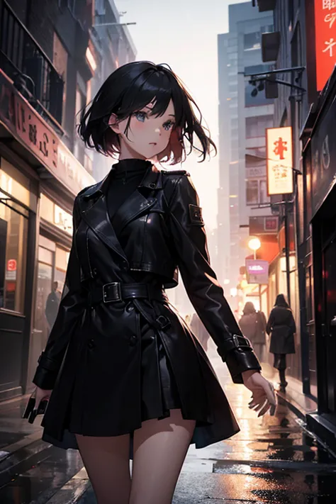 the night，A beautiful woman wandering the streets，the street，Wear a black trench coat，Leather skirt，The best composition，anime，（...