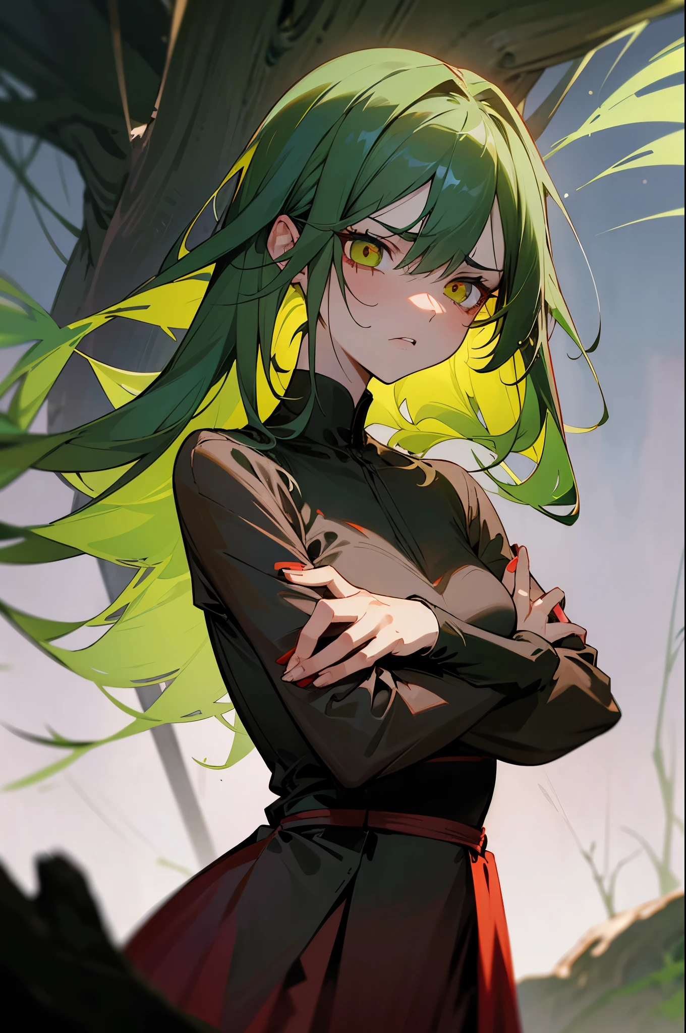 Chica anime con cabello verde y ojos verdes parada frente a un árbol. -  SeaArt AI