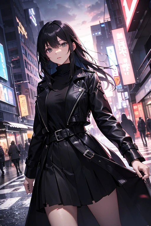 the night，A beautiful woman wandering the streets，long hair
，the street，Wear a black trench coat，Leather skirt，The best composition，anime，（（Dynamic angle camera shooting））），dynamicposes，