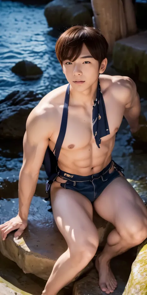 Handsome merman on island, muscular body, realistic, sitting on rock, flirty face