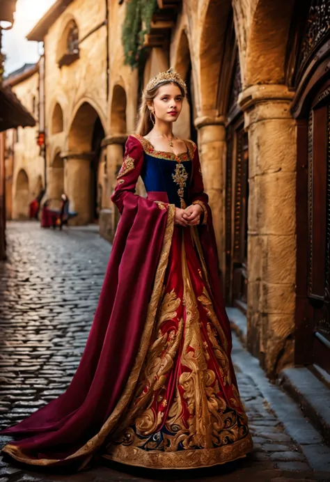 Una hermosa princesa, caminando con gracia por las bulliciosas calles de una ciudad medieval, catching everyone's attention. Ell...