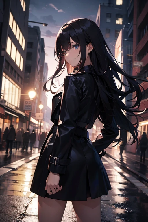 the night，A beautiful woman wandering the streets，long hair
，the street，Wear a black trench coat，Leather skirt，The best composition，anime，（（Dynamic angle camera shooting））），dynamicposes，