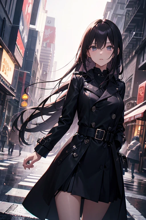 the night，A beautiful woman wandering the streets，long hair
，the street，Wear a black trench coat，Leather skirt，The best composition，anime，（（Dynamic angle camera shooting））），dynamicposes，