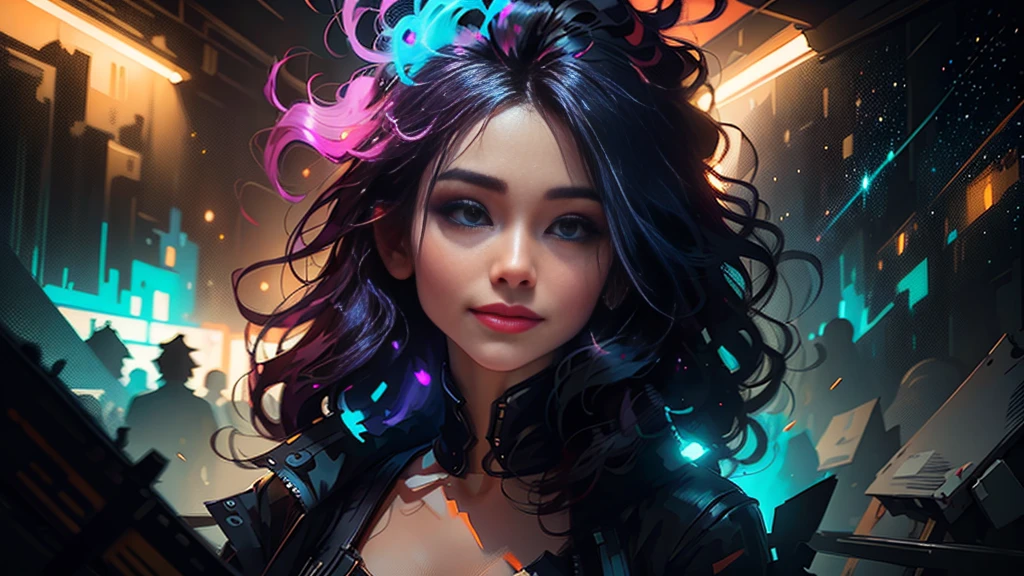 A stunning woman with vibrant neon hair, enchanting closed smile, happy lips, looking to the right, glowing in the midst of galaxy formations, painted by david diaz and sakimichan, detailed and realistic textures, vibrant colors, surreal and mysterious, hyperrealistic, modern art, 8k digital painting, trending in Artstation, cinematic lighting, and dynamic composition, cinematic high resolution 8k