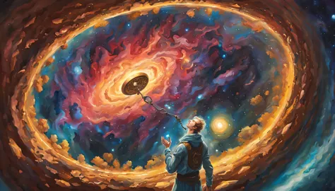 painting of a man floating in cosmic space,with keys in a hand that open the portal of the universe,light shining from behind,particulas flutuando em torno dele,Magic the Gathering Arte,arte surreal