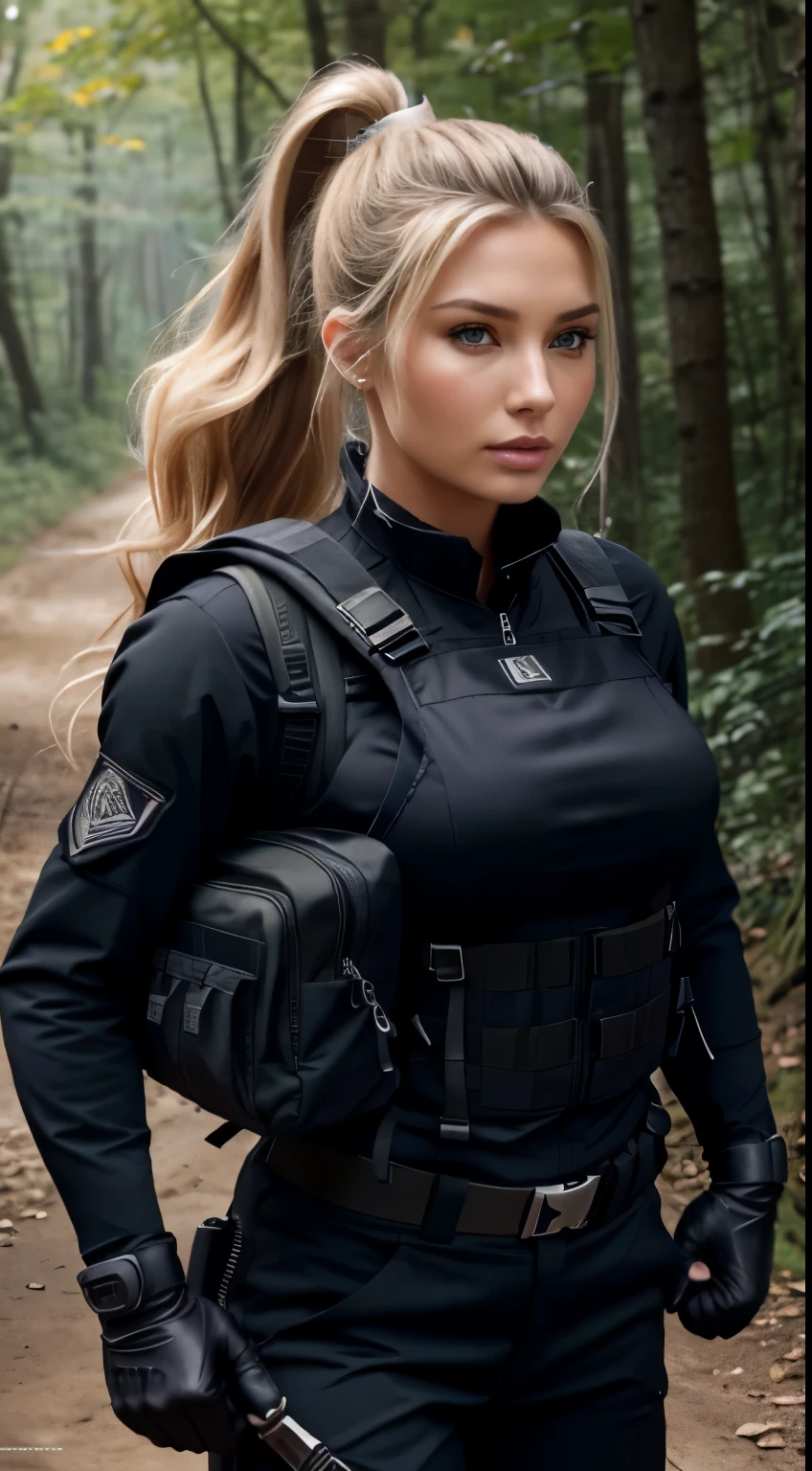Foto hiperrealista en primer plano de Emily Sears, masterpiece, best quality, (photorealistic:1.4), beautiful woman, skinny, long blond hair, hair tied in a ponytail, ponytail haircut, detailed face, facing the camera, photo taken from a distance, age of 20 years old, Special forces uniforms、Black tactical vest、black black Military trousers、Black combat gloves、rucksack、Black black military undershirt、Detailed facial and chest depictions、detailed hand depiction、Combat pose、Dynamic action、in woods、White smoke、watching at viewers